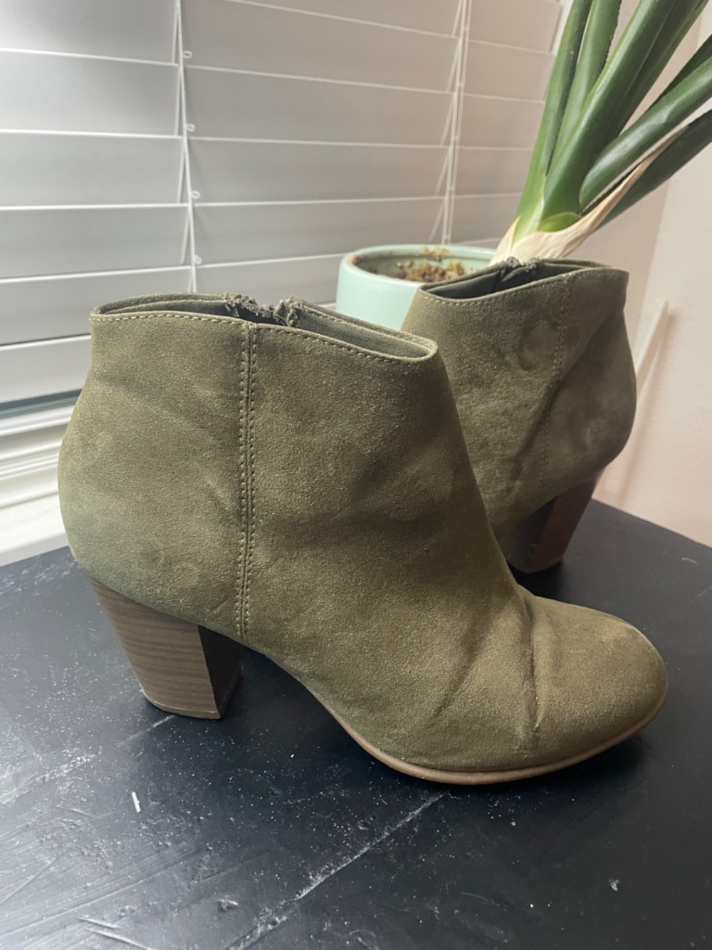 Old Navy Olive Suede Ankle Booties with Stacked Heel
